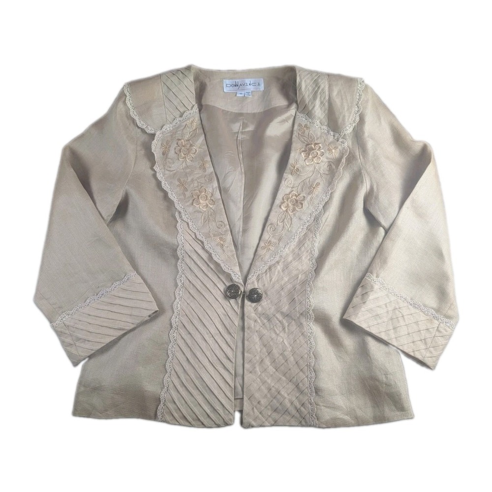 Vintage Donna Vinci Beige Embroidered Linen Blend Jacket Women's Size 10 Floral